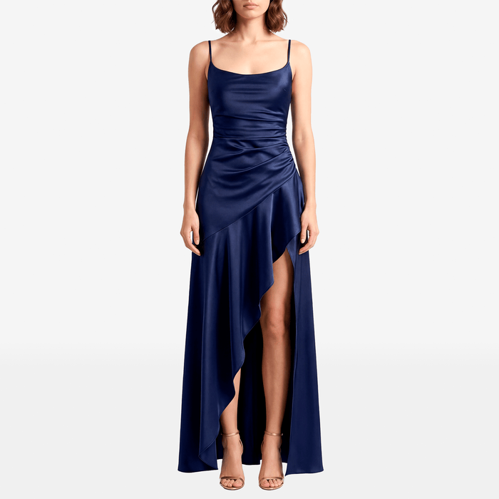 Asymmetric Ruffle High Split Maxi Dress