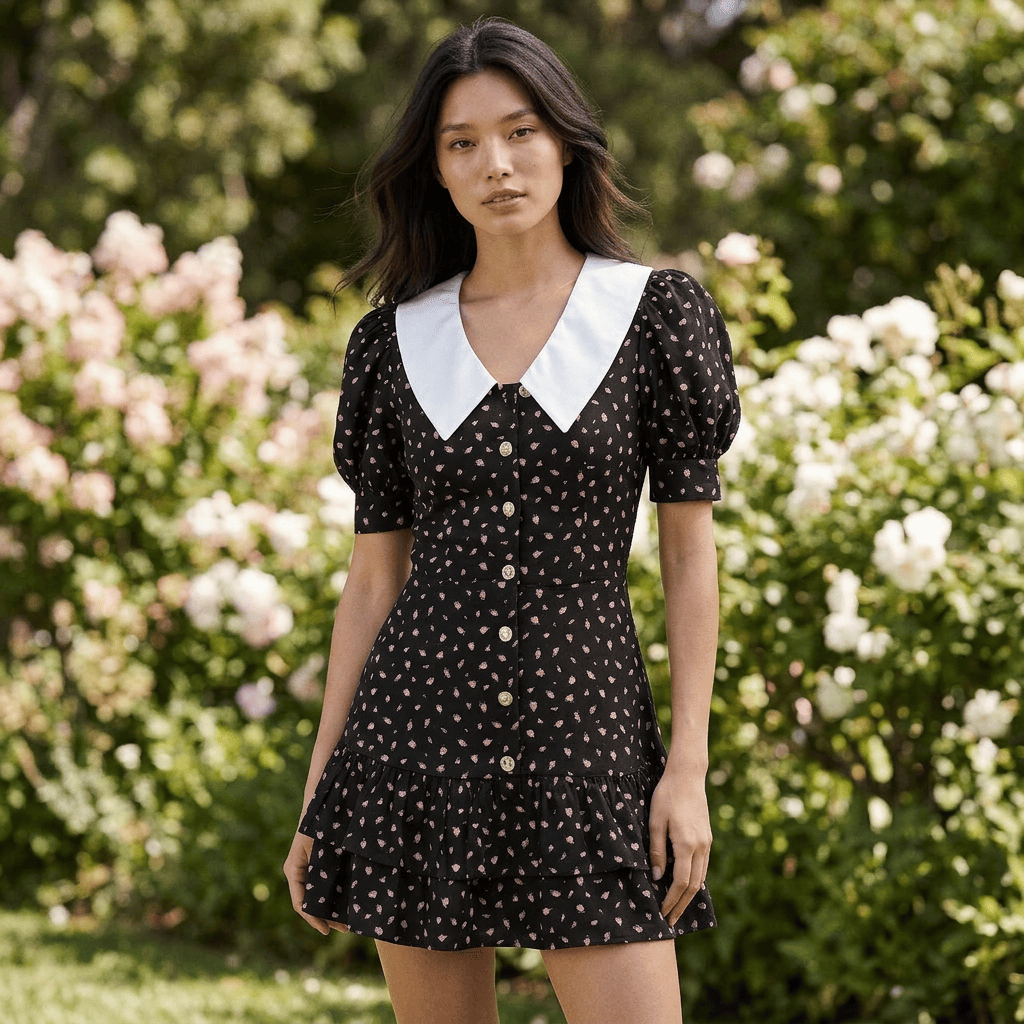 Chic Printed Collar Puff Sleeve Cocktail Mini Dress - Sorina
