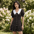 Chic Printed Collar Puff Sleeve Cocktail Mini Dress - Sorina