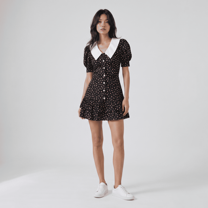 Chic Printed Collar Puff Sleeve Cocktail Mini Dress