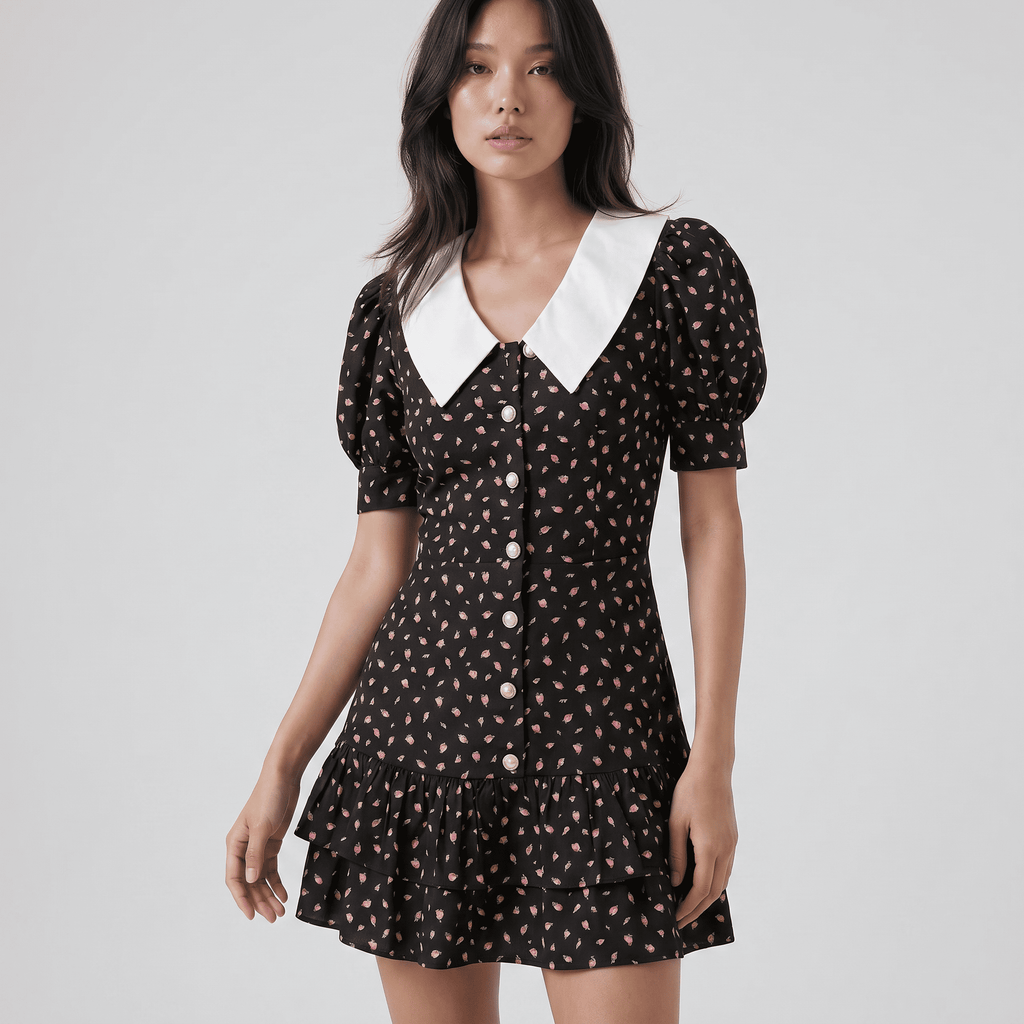 Chic Printed Collar Puff Sleeve Cocktail Mini Dress - Sorina
