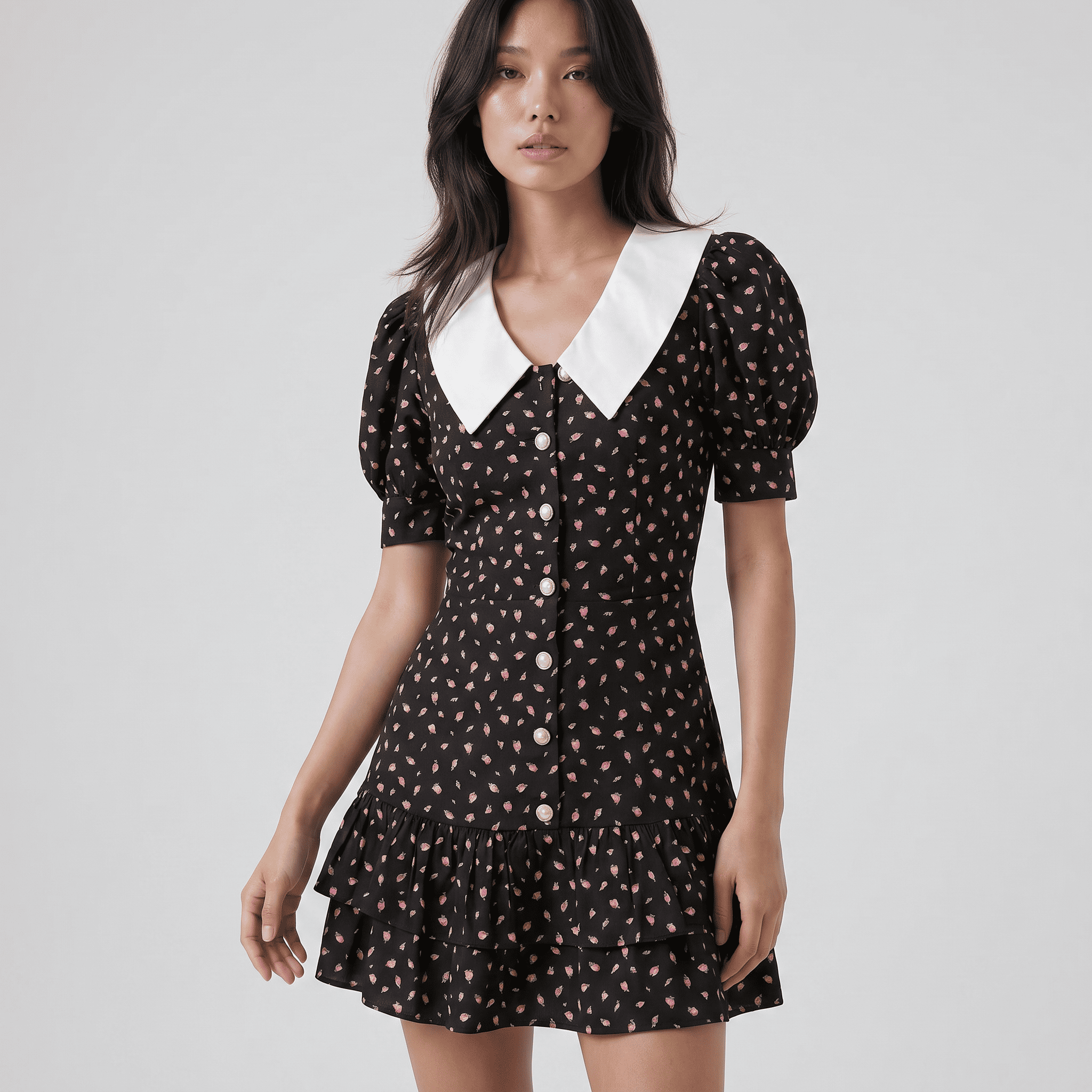 Chic Printed Collar Puff Sleeve Cocktail Mini Dress - Sorina