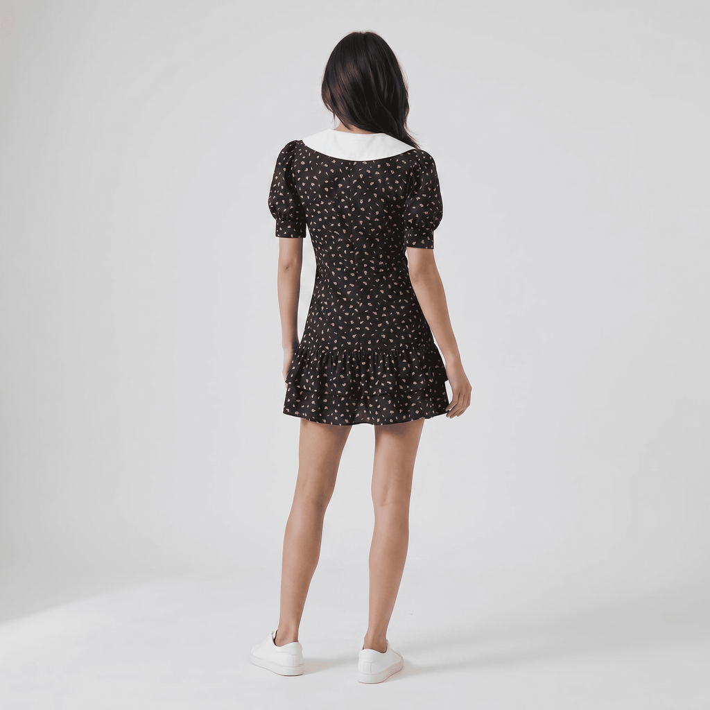 Chic Printed Collar Puff Sleeve Cocktail Mini Dress - Sorina