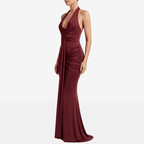 Deep V Neck Draped Ruched Sexy Maxi Dress Women Summer Fashion Halter Sleeveless Backless Club Party Long Dress Elegant BM98 - Sorina