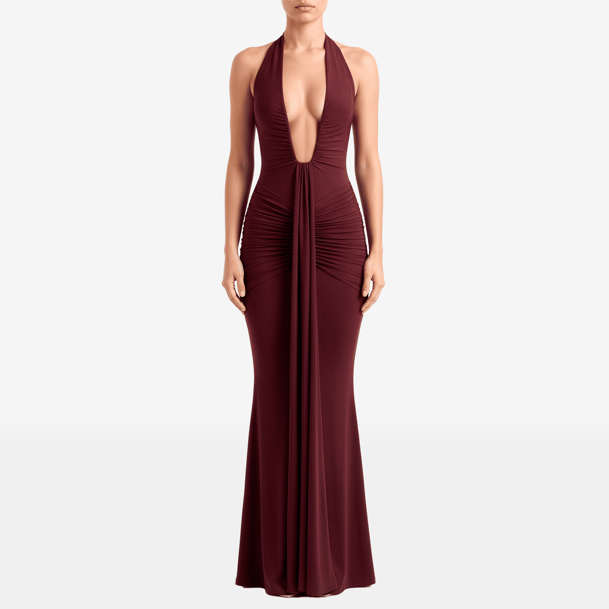 Deep V Neck Draped Ruched Sexy Maxi Dress Women Summer Fashion Halter Sleeveless Backless Club Party Long Dress Elegant BM98 - Sorina