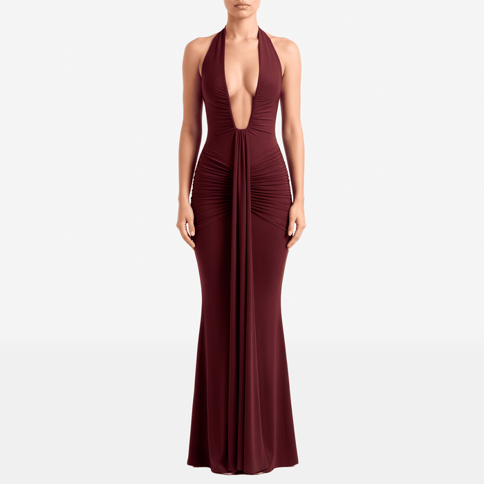 Ruched Halter Maxi Dress with Deep V Neck and Open Back