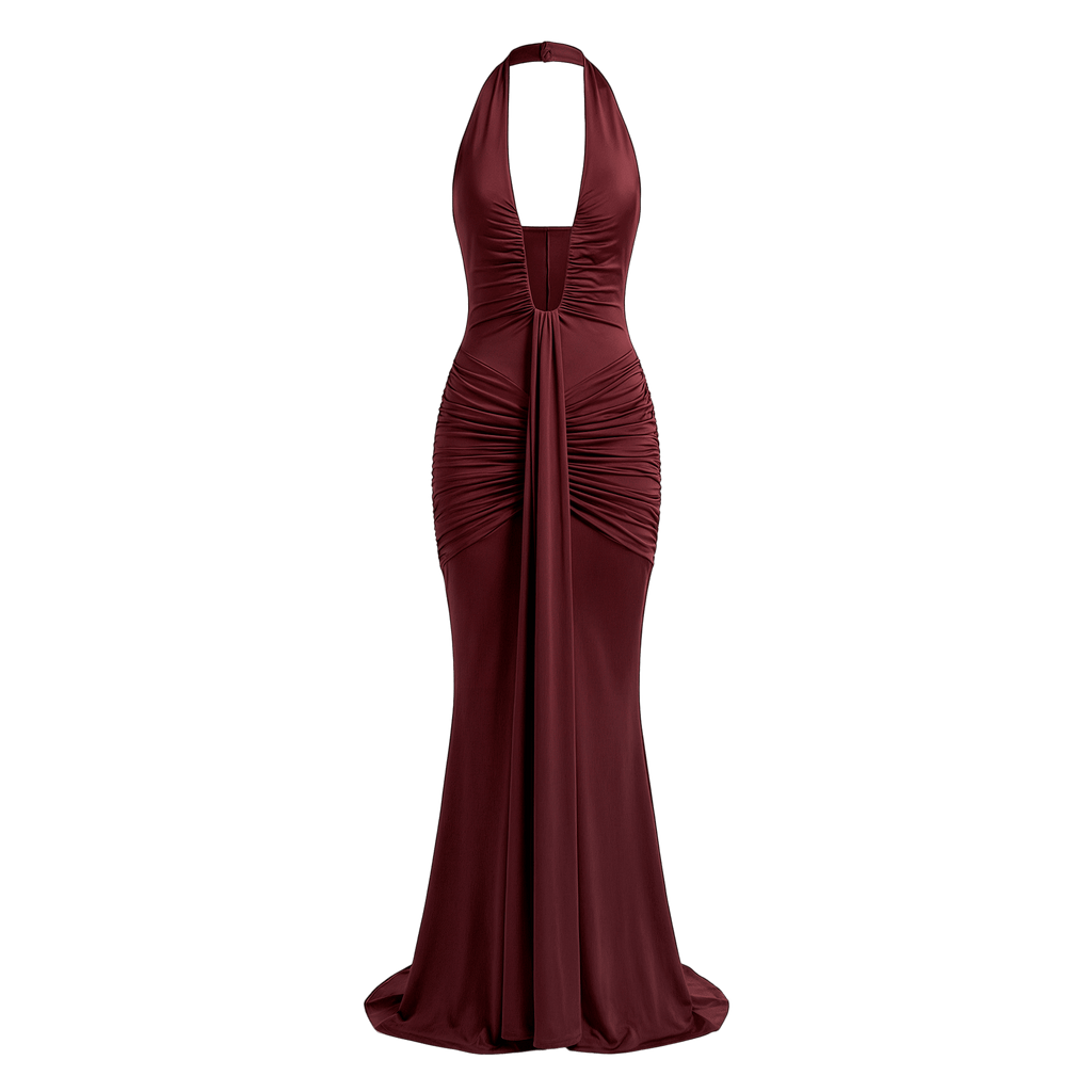 Deep V Neck Draped Ruched Sexy Maxi Dress Women Summer Fashion Halter Sleeveless Backless Club Party Long Dress Elegant BM98 - Sorina