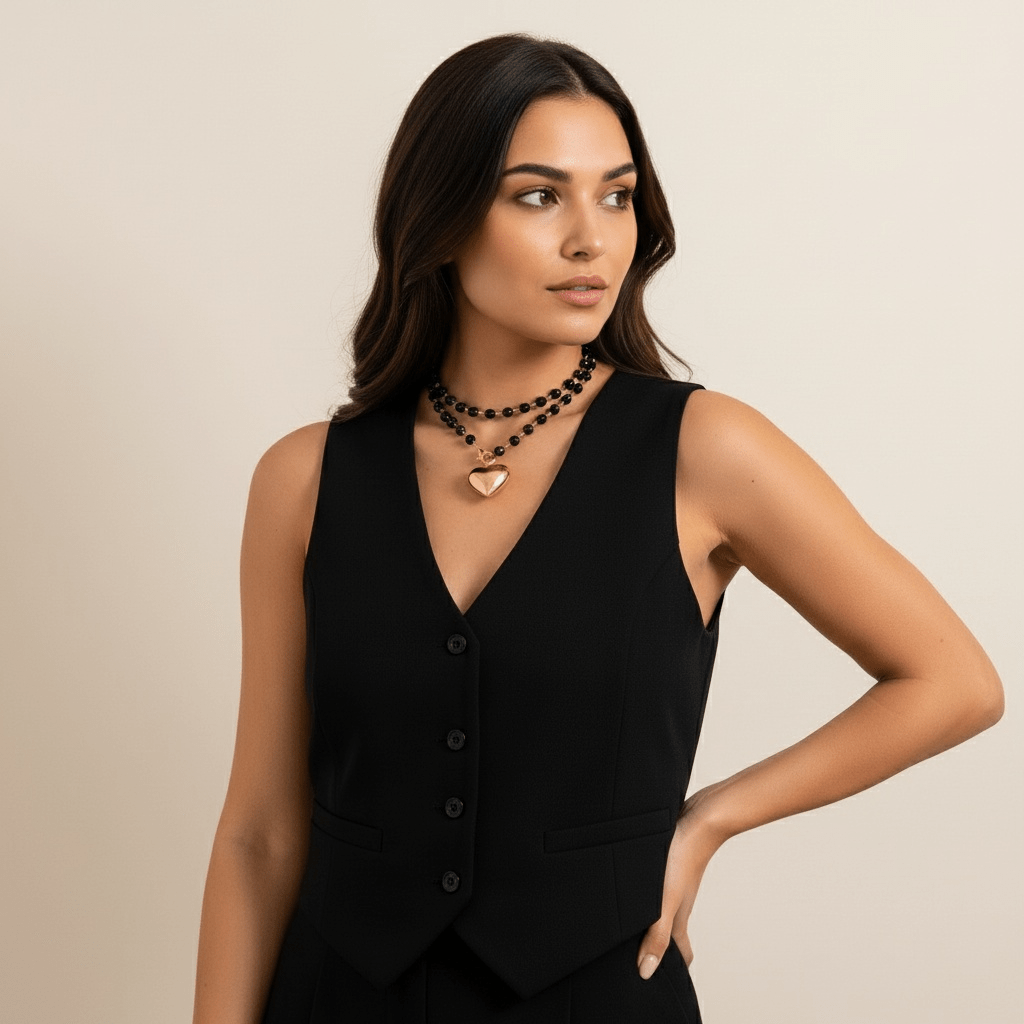 Double Layer Beaded Choker with Puffy Heart Pendant - Sorina