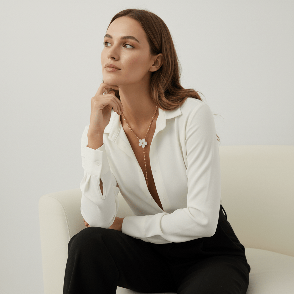 Gold Beaded Lariat Necklace with Flower Pendant - Sorina