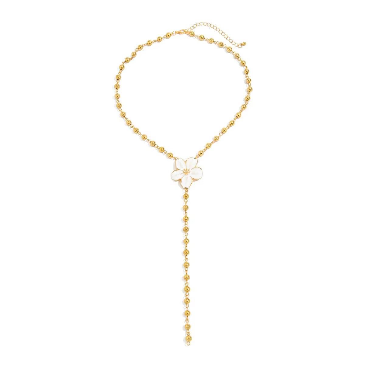 Gold Beaded Lariat Necklace with Flower Pendant - Sorina