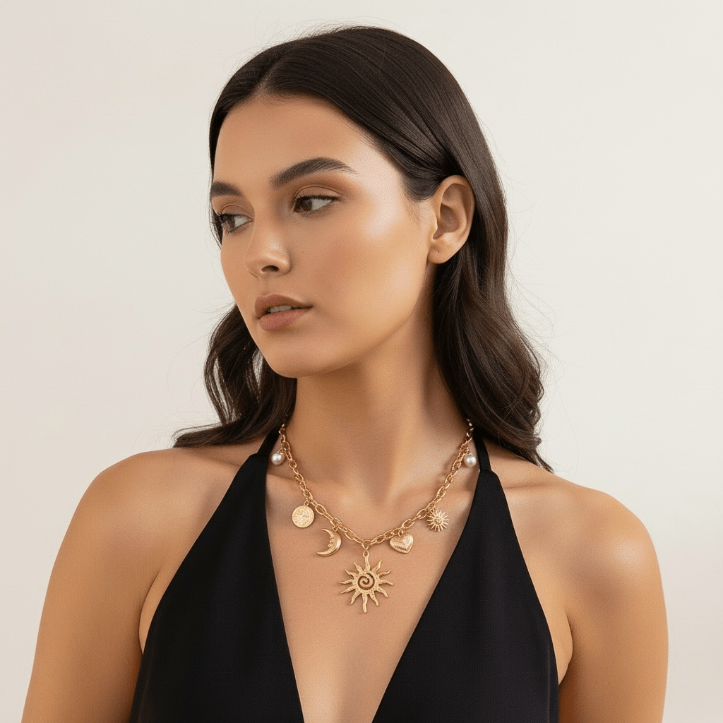 Gold Celestial Charm Choker with Sun, Moon & Heart Pendants - Sorina