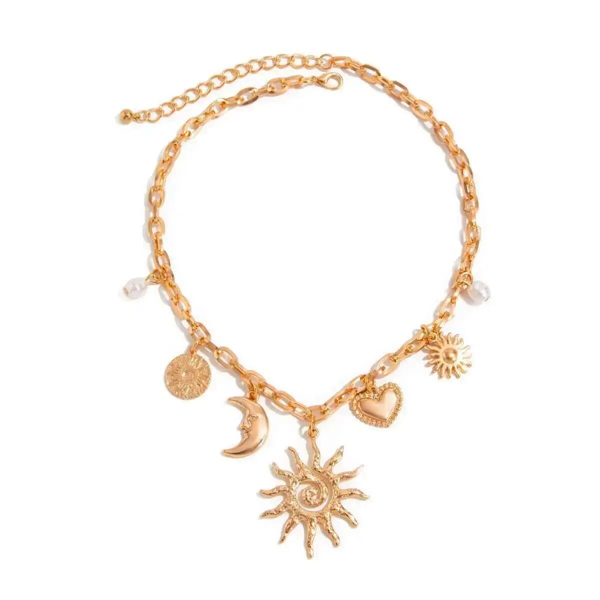 Gold Celestial Charm Choker with Sun, Moon & Heart Pendants - Sorina