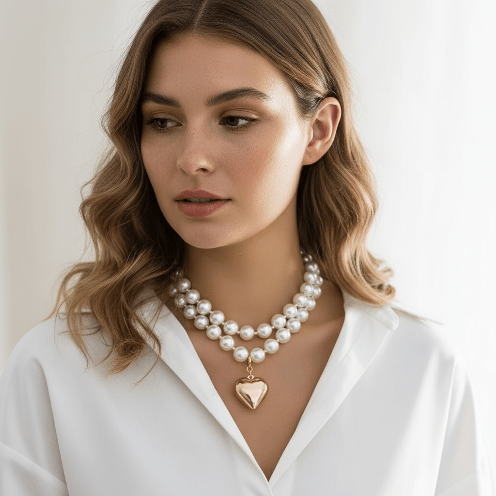 Gold Double Strand Pearl Choker with Puffy Heart Pendant - Sorina