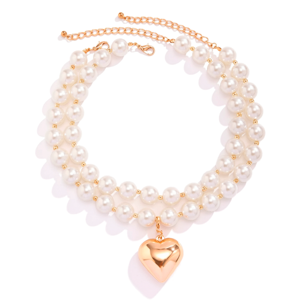 Gold Double Strand Pearl Choker with Puffy Heart Pendant - Sorina