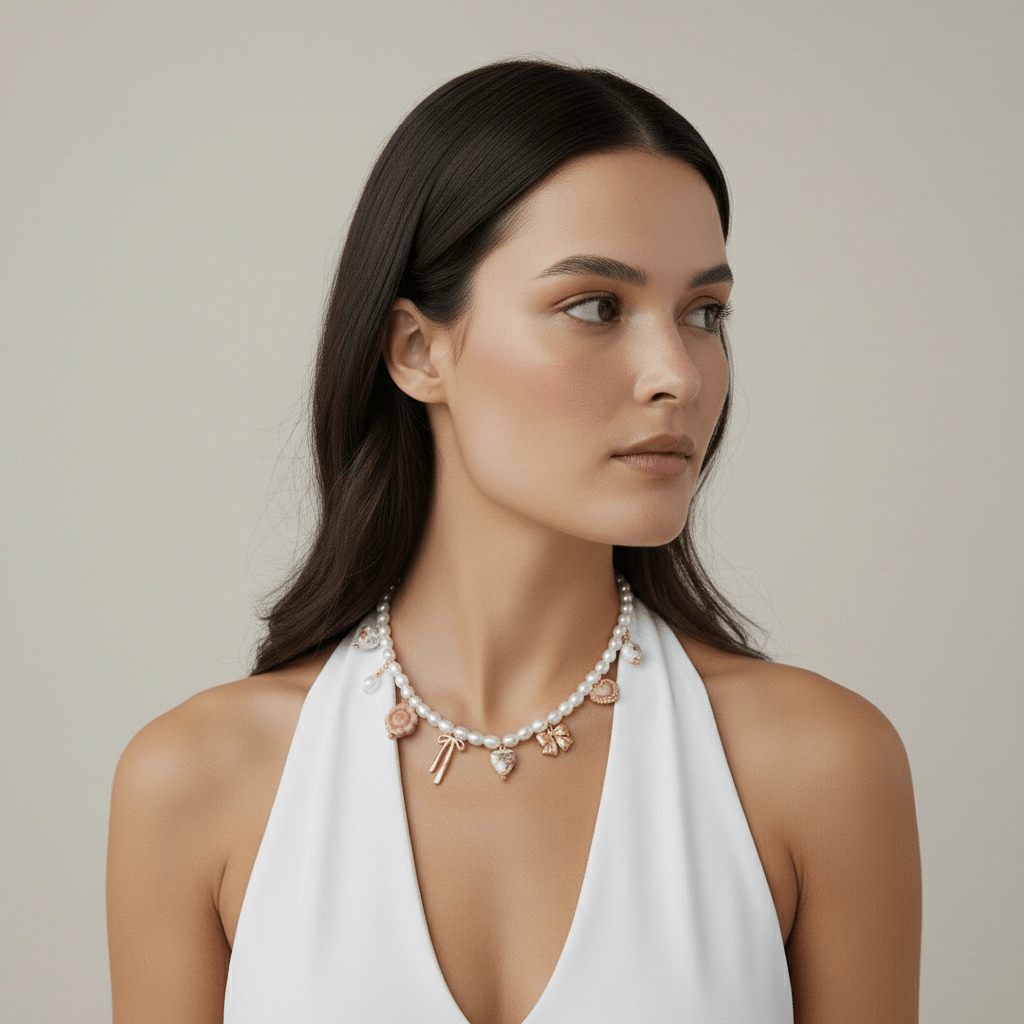 Gold Pearl Choker with Vintage Rose & Bow Charms - Sorina