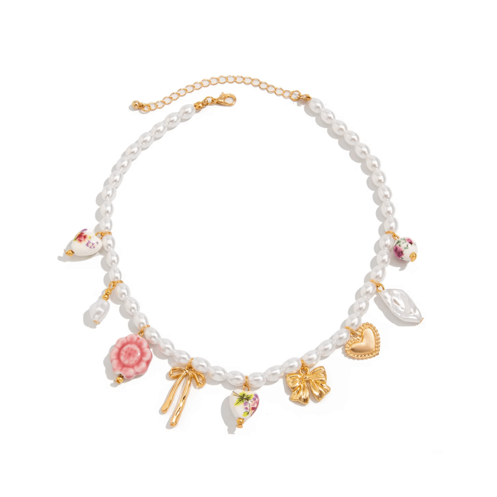 Gold Pearl Choker with Vintage Rose & Bow Charms - Sorina