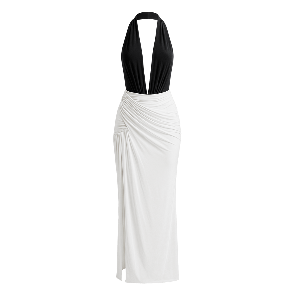 Halter Backless Sexy Maxi Dress Women Patchwork Deep V Neck Sleeveless High Waist Ruched Split Club Party Long Dress - Sorina