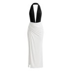 Halter Backless Sexy Maxi Dress Women Patchwork Deep V Neck Sleeveless High Waist Ruched Split Club Party Long Dress - Sorina