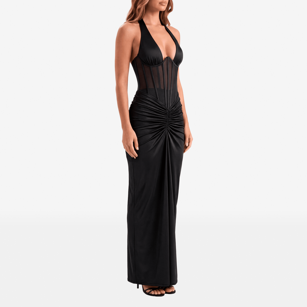Halter Backless Sexy Maxi Dress Women V Neck Off - Shoulder Sleeveless Draped Ruched Bodycon Club Party Long Dress - Sorina