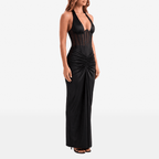Halter Backless Sexy Maxi Dress Women V Neck Off - Shoulder Sleeveless Draped Ruched Bodycon Club Party Long Dress - Sorina