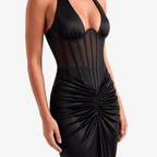 Halter Backless Sexy Maxi Dress Women V Neck Off - Shoulder Sleeveless Draped Ruched Bodycon Club Party Long Dress - Sorina
