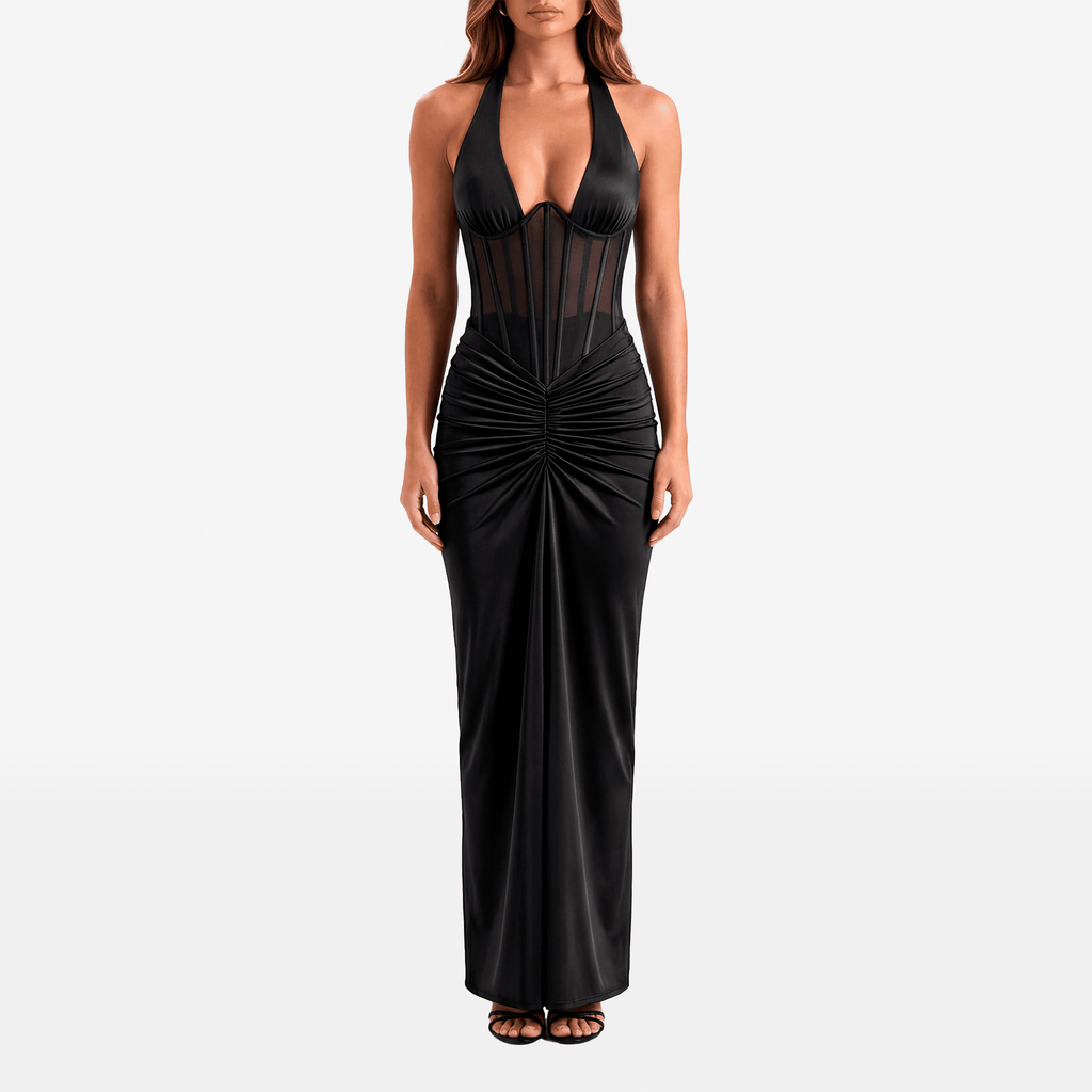 Halter Backless Sexy Maxi Dress Women V Neck Off - Shoulder Sleeveless Draped Ruched Bodycon Club Party Long Dress - Sorina