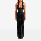Halter Backless Sexy Maxi Dress Women V Neck Off - Shoulder Sleeveless Draped Ruched Bodycon Club Party Long Dress - Sorina