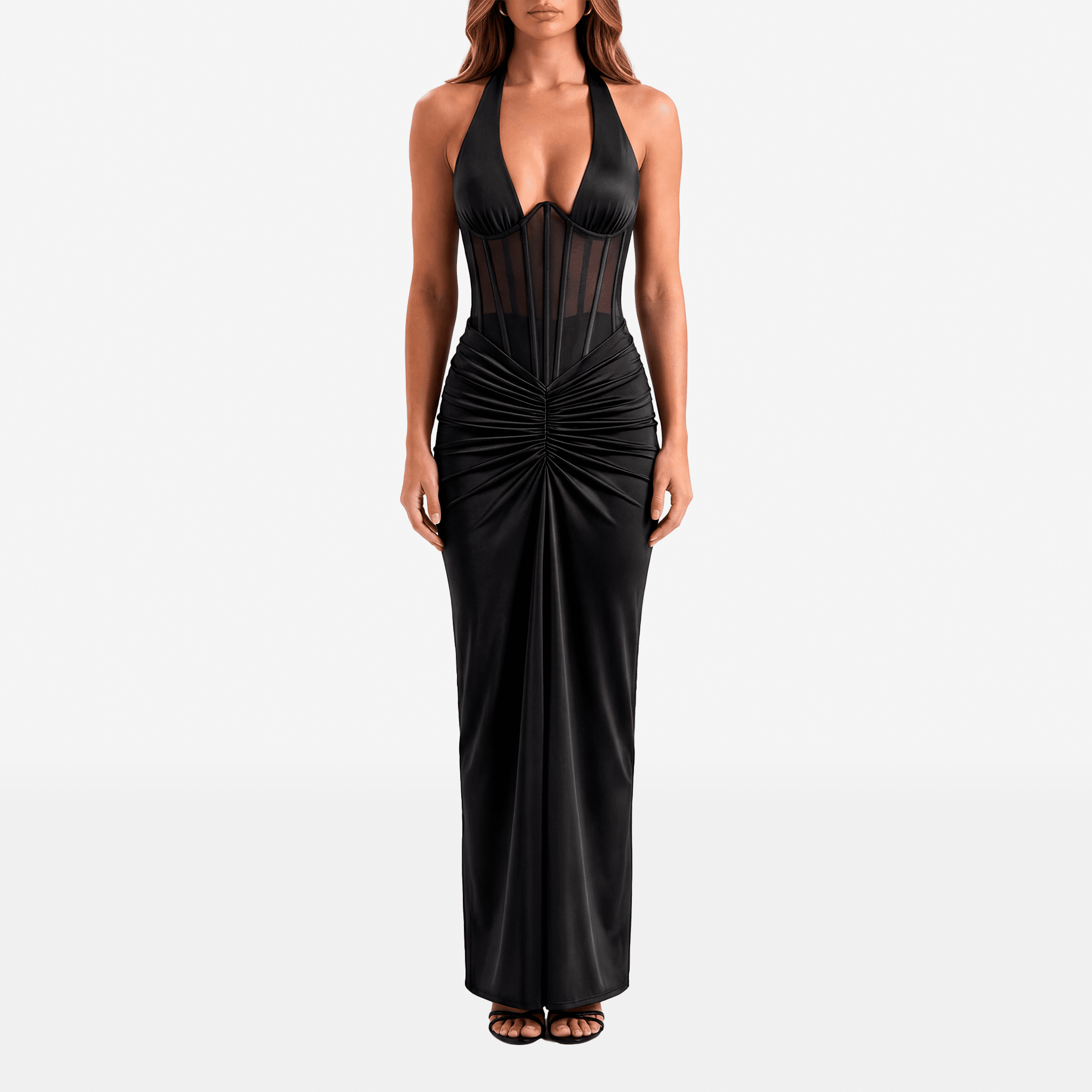 Halter Backless Sexy Maxi Dress Women V Neck Off - Shoulder Sleeveless Draped Ruched Bodycon Club Party Long Dress - Sorina
