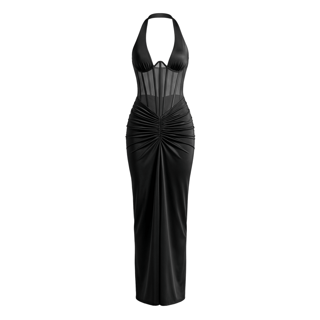 Halter Backless Sexy Maxi Dress Women V Neck Off - Shoulder Sleeveless Draped Ruched Bodycon Club Party Long Dress - Sorina