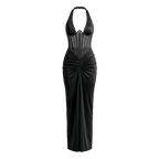 Halter Backless Sexy Maxi Dress Women V Neck Off - Shoulder Sleeveless Draped Ruched Bodycon Club Party Long Dress - Sorina