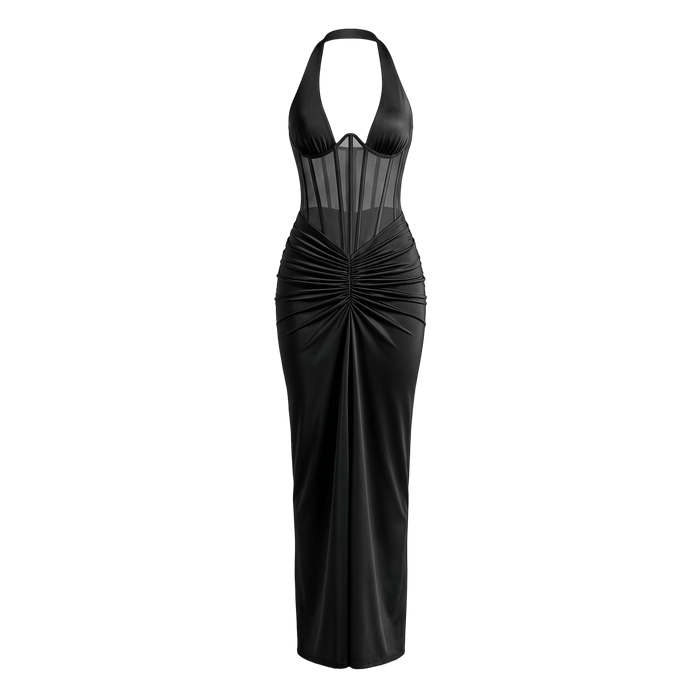 Halter Backless Ruched Maxi Dress
