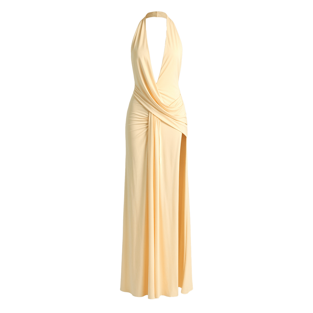 Halter Deep V Neck Backless Sexy Maxi Dress Women Gown Fashion Irregular Sleeveless Thigh High Split Club Party Dresses - Sorina