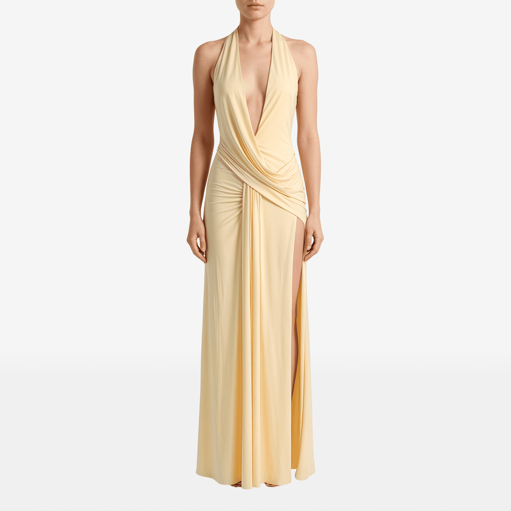 Halter Deep V Neck Backless Sexy Maxi Dress Women Gown Fashion Irregular Sleeveless Thigh High Split Club Party Dresses - Sorina