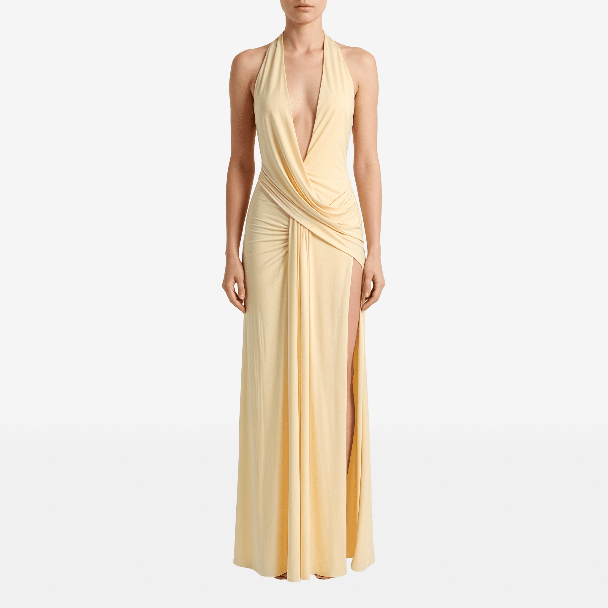 Halter Deep V Neck Backless Sexy Maxi Dress Women Gown Fashion Irregular Sleeveless Thigh High Split Club Party Dresses - Sorina