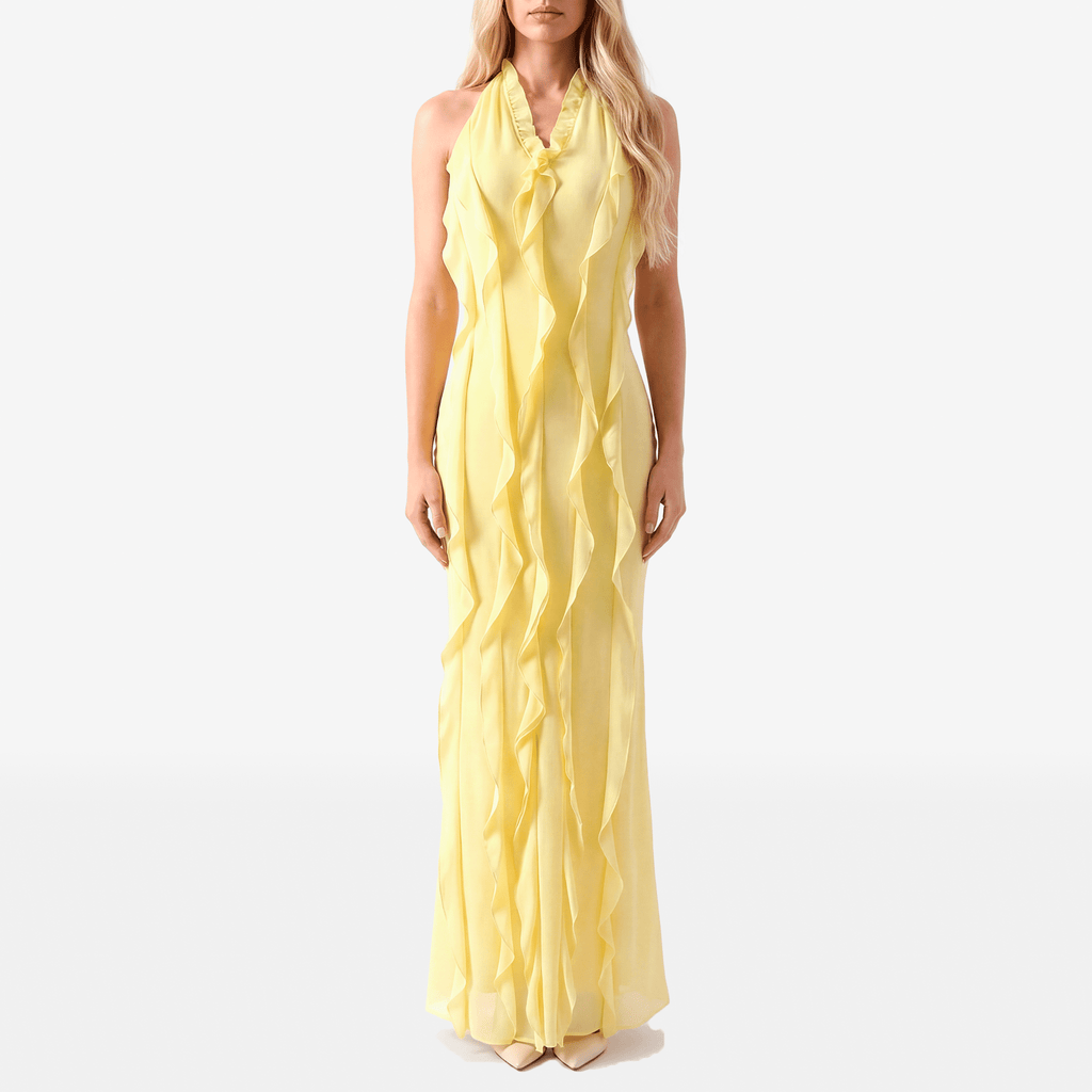 Halter Off - Shoulder Ruffle Sexy Maxi Dress Women Fashion V Neck Sleeveless Backless Bodycon Club Party Long Dress - Sorina