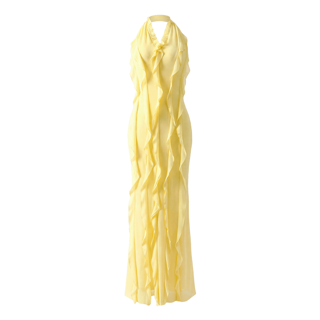 Halter Off - Shoulder Ruffle Sexy Maxi Dress Women Fashion V Neck Sleeveless Backless Bodycon Club Party Long Dress - Sorina