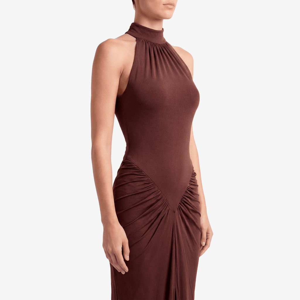 Halter Ruched Sleeveless Sexy Maxi Dress Women Gown Fashion Slim High Waist Evening Club Party Split Long Dress - Sorina