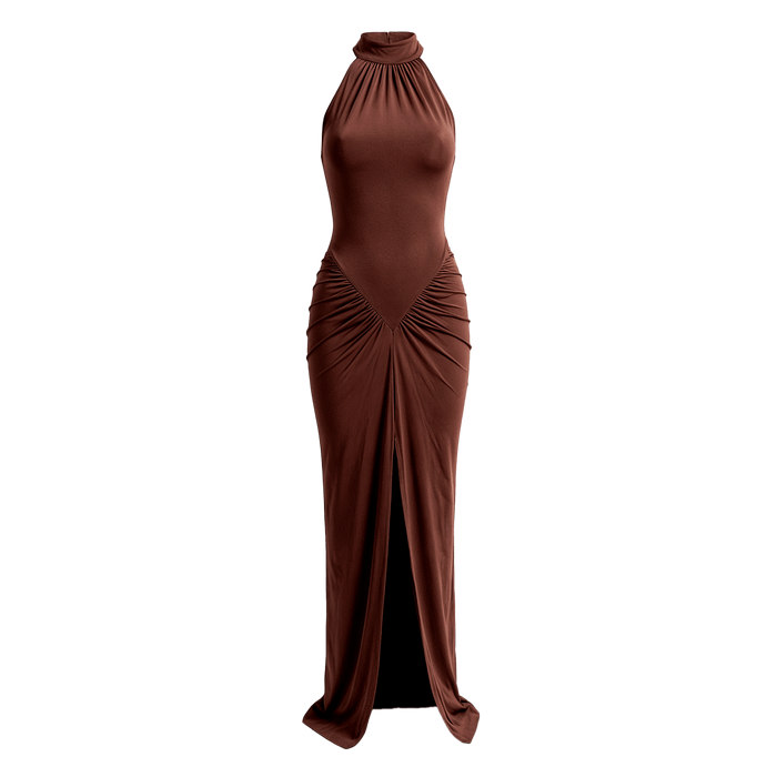 Halter Ruched Maxi Dress with Front Slit