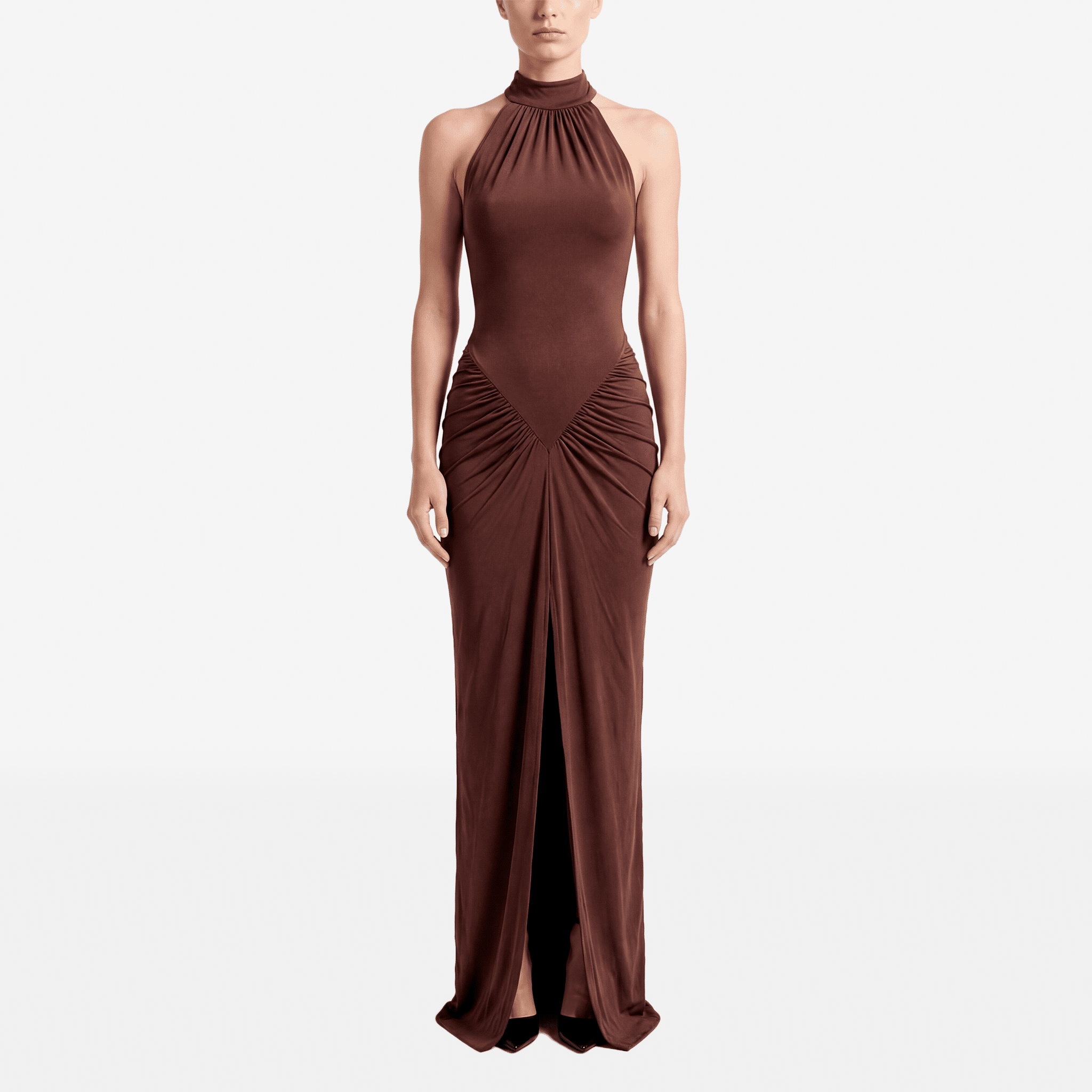 Halter Ruched Sleeveless Sexy Maxi Dress Women Gown Fashion Slim High Waist Evening Club Party Split Long Dress - Sorina