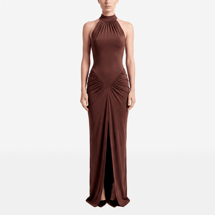 Halter Ruched Maxi Dress with Front Slit