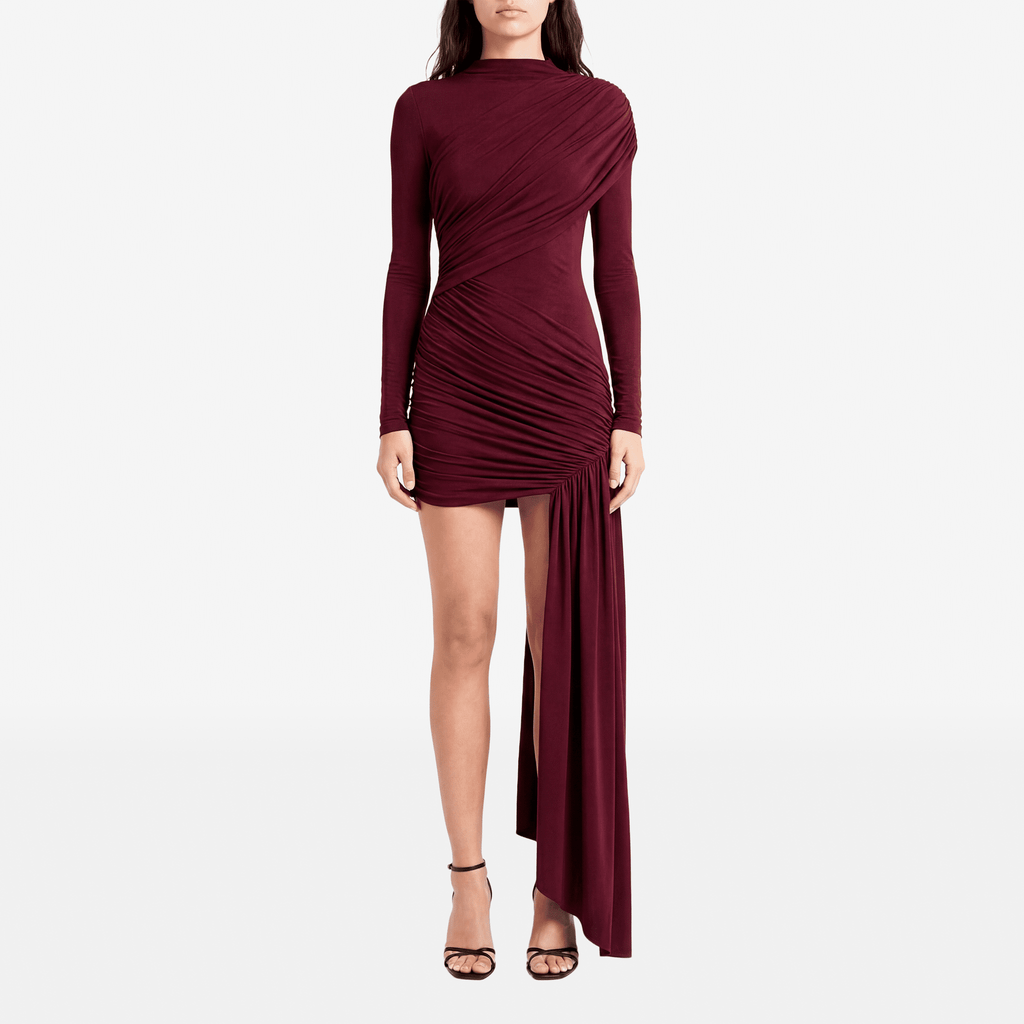 Irregular Draped Ruched Sexy Mini Dress Women Gown Elegant Turtleneck Long Sleeve High Waist Pleated Club Party Dress - Sorina