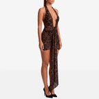 Leopard Print Draped Ruched Sexy Mini Dress Women Gown Elegant Halter Deep V Neck Sleeveless Backless Club Party Dress - Sorina