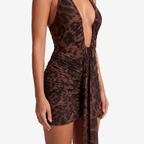 Leopard Print Draped Ruched Sexy Mini Dress Women Gown Elegant Halter Deep V Neck Sleeveless Backless Club Party Dress - Sorina