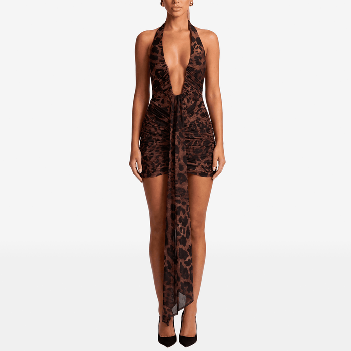 Leopard Print Halter Ruched Mini Dress