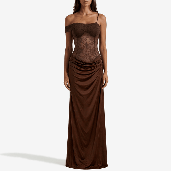 One Shoulder Lace Maxi Dress with Draped Skirt