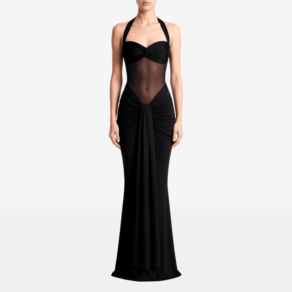 Patchwork Elegant Women Maxi Dress Classic Sexy Sheer Ribbons Halter Backless Bodycon Female Trend Festival Evening Wear - Sorina