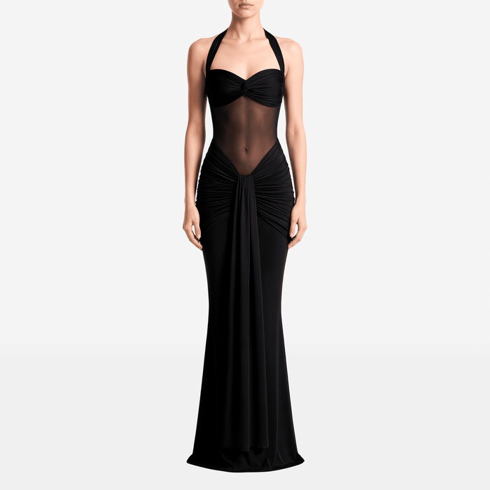 Halter Neck Sheath Maxi Dress with Sheer Panel