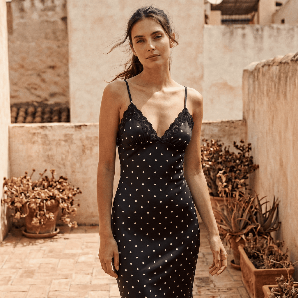 Polka Dot Lace Trim Cocktail Maxi Dress - Sorina