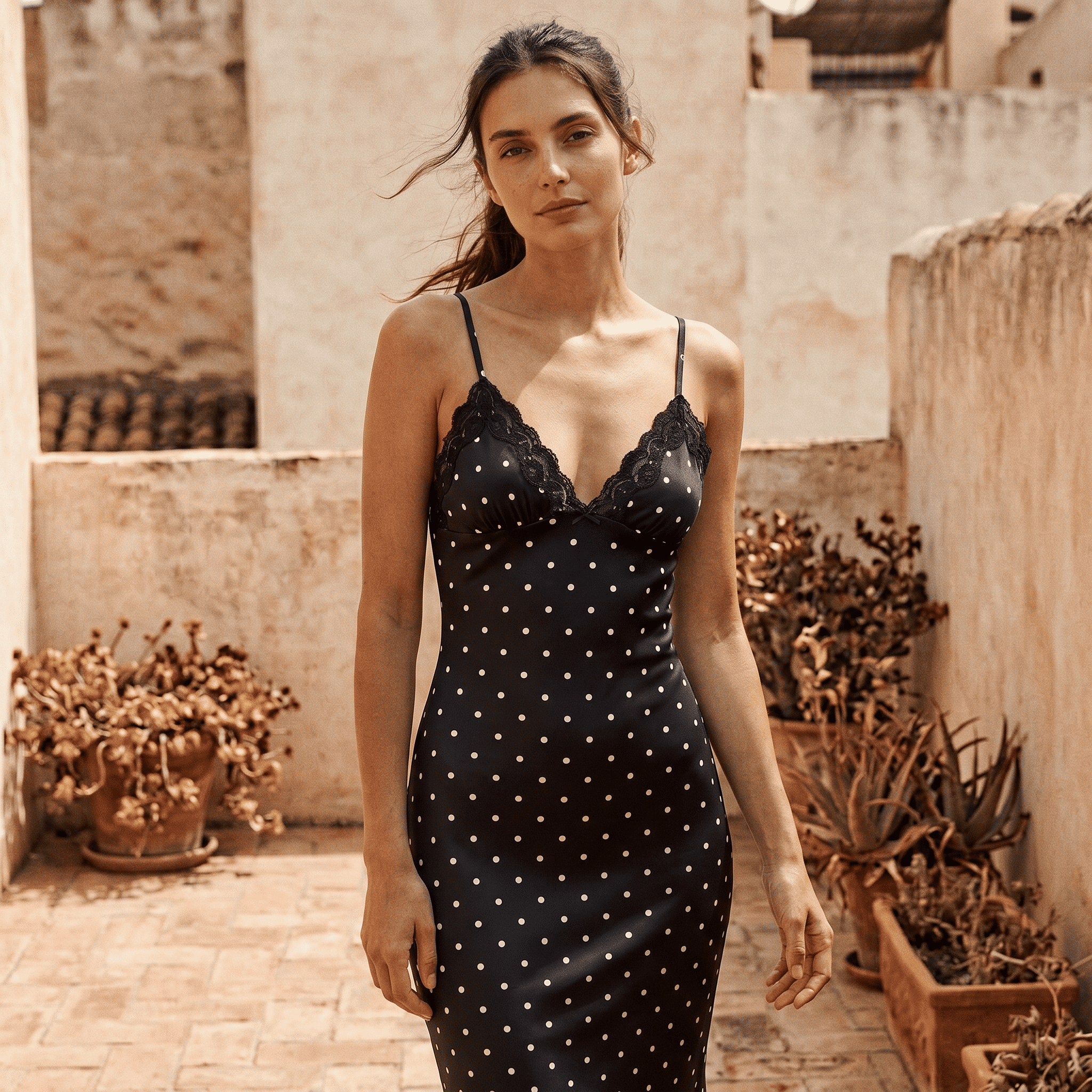 Polka Dot Lace Trim Cocktail Maxi Dress - Sorina
