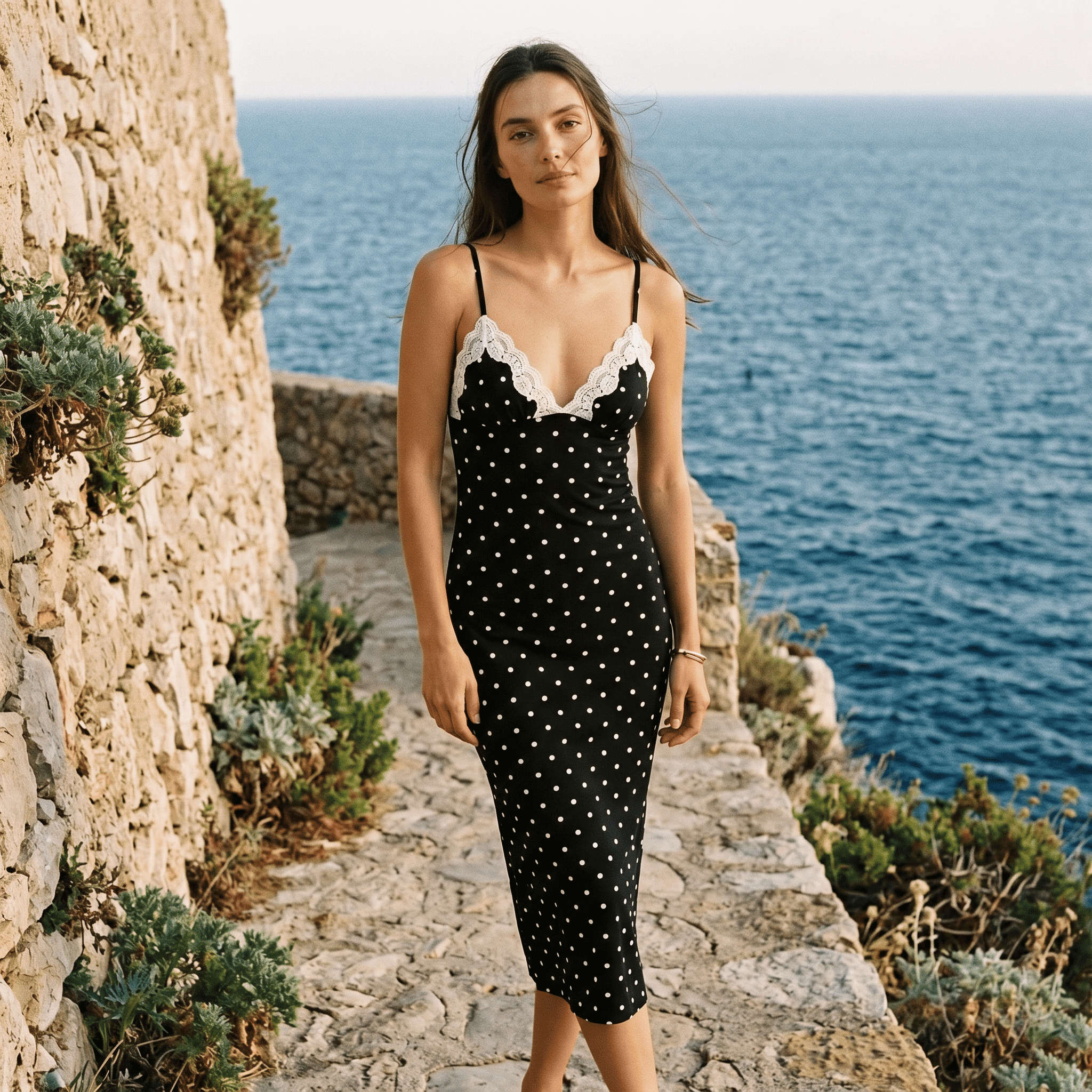 Polka Dot Lace Trim Cocktail Maxi Dress - Sorina